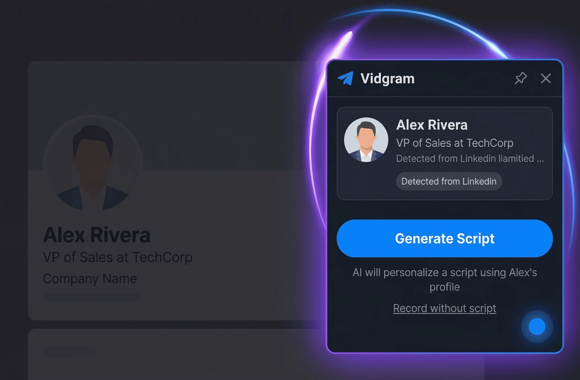 Vidgram extension detecting a LinkedIn profile
