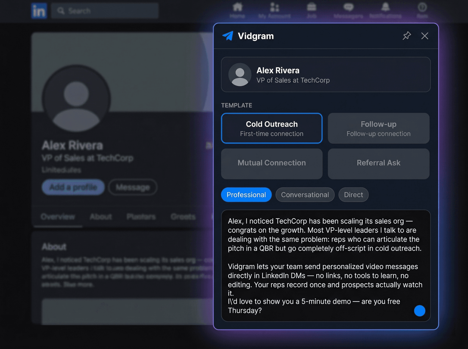 AI-generated personalized script in the Vidgram sidebar