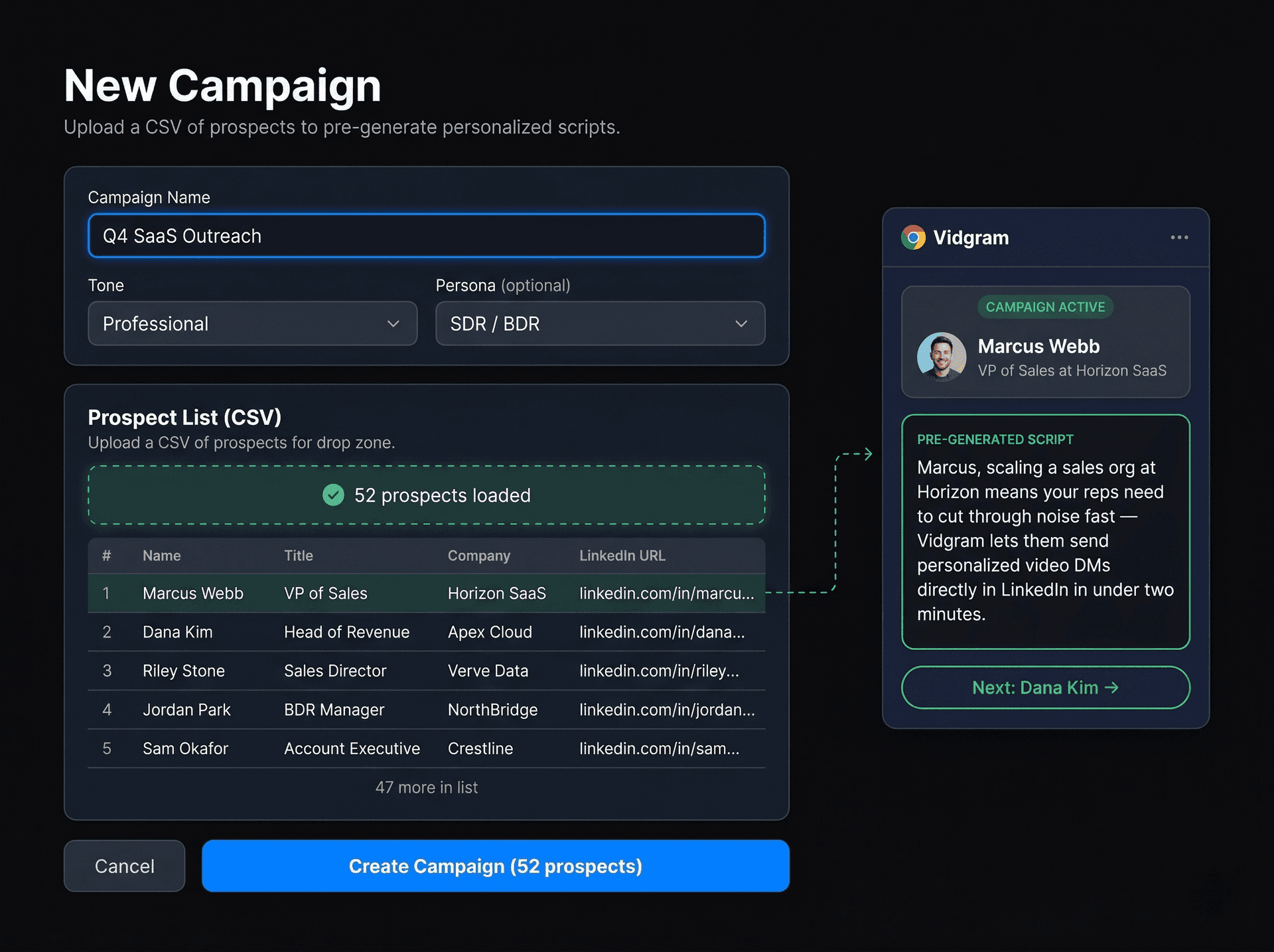 Campaign creation with CSV prospect upload